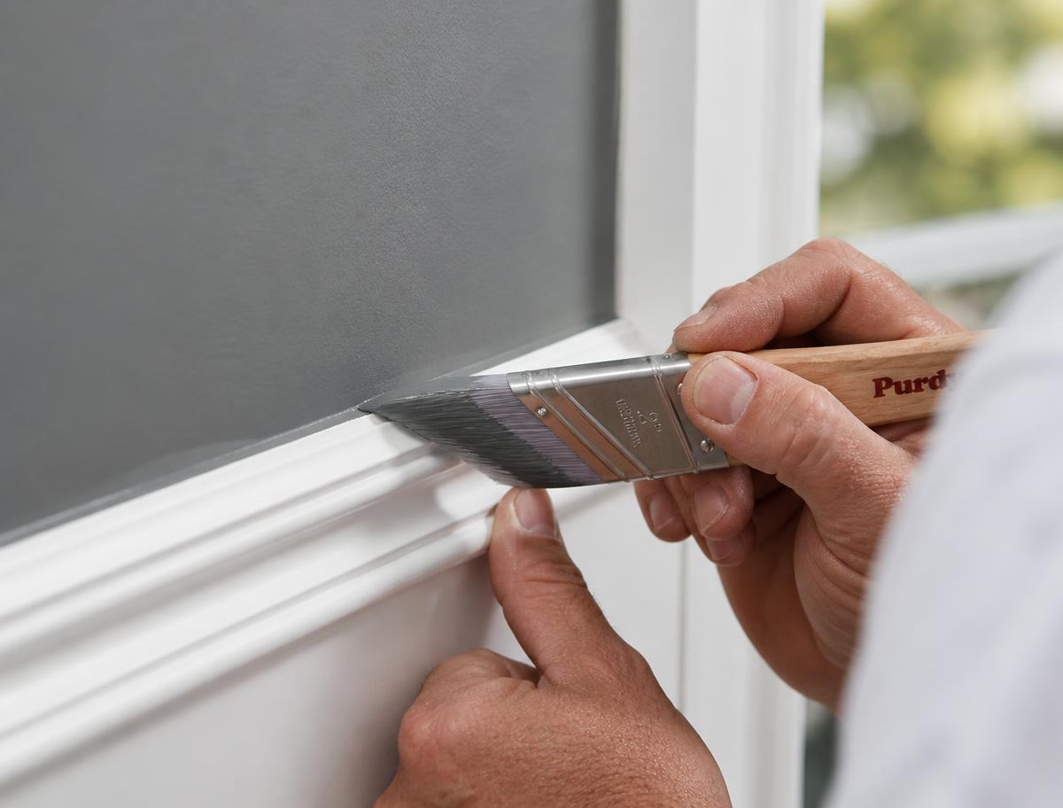 Painter cutting a clean line along white baseboard trim with an angled brush