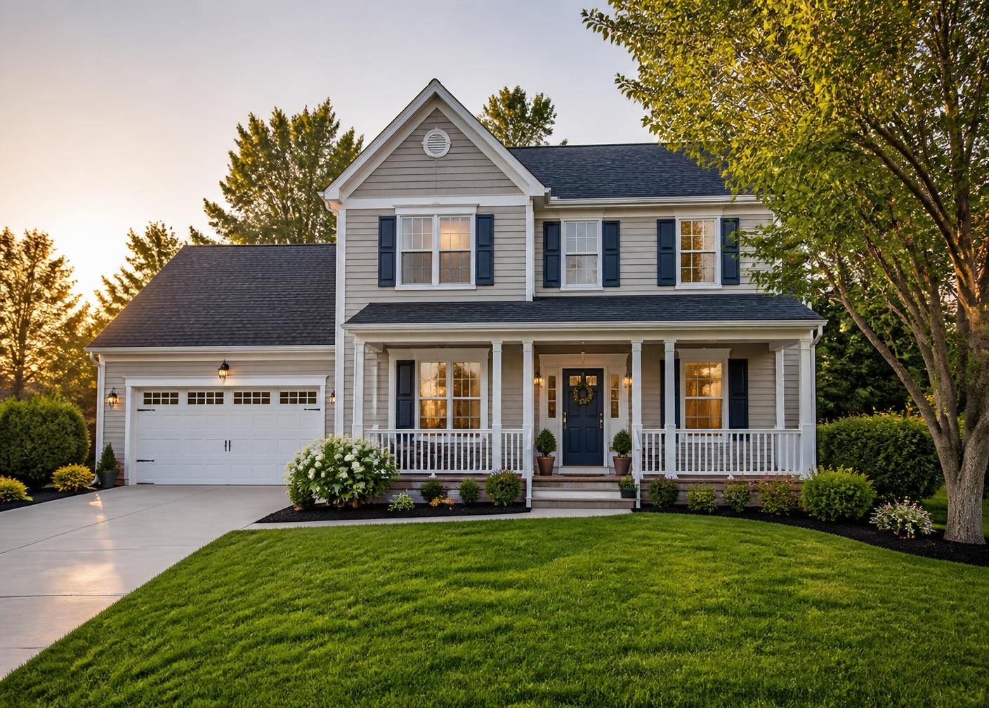 Freshly painted two-story home exterior with navy shutters and white trim