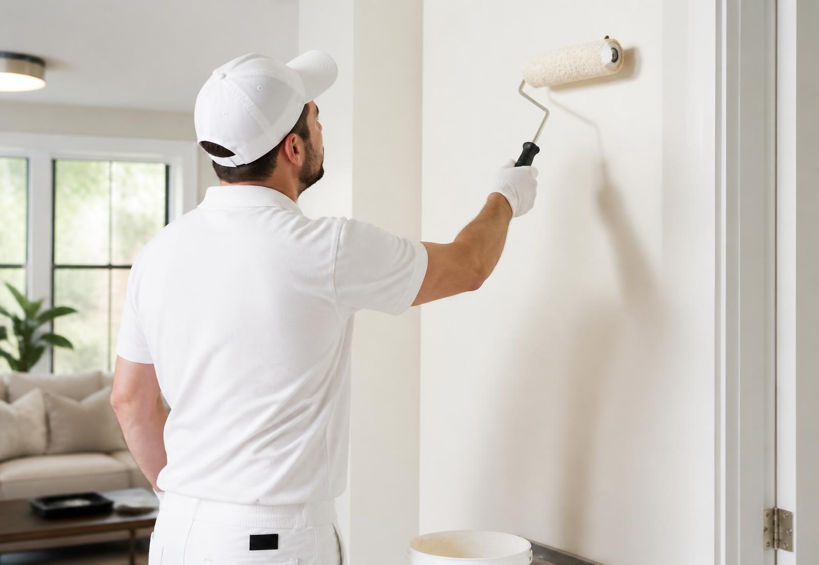 Painter applying a smooth coat of paint to an interior living room wall